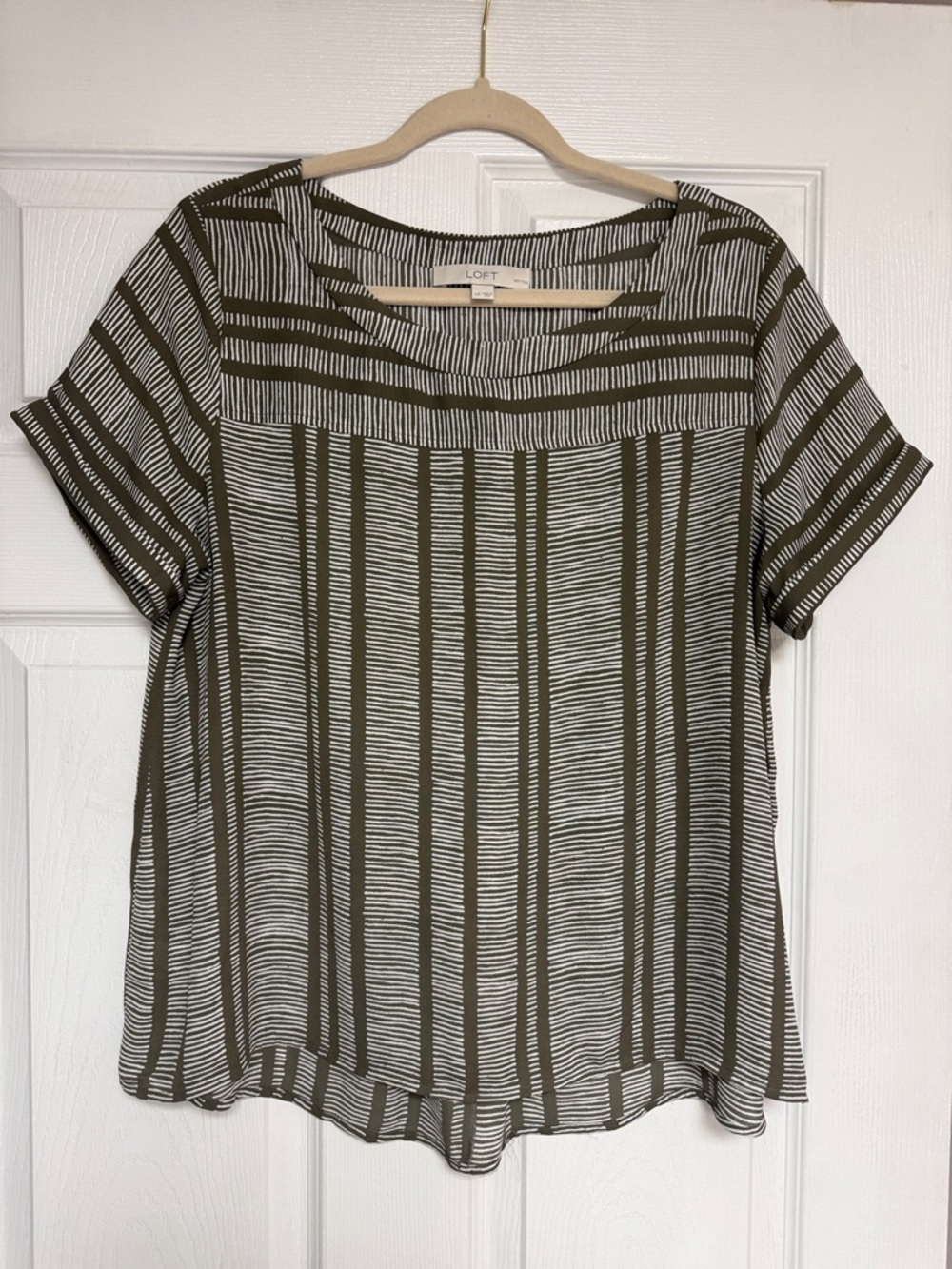 LOFT Olive & White Striped Short-Sleeve Top